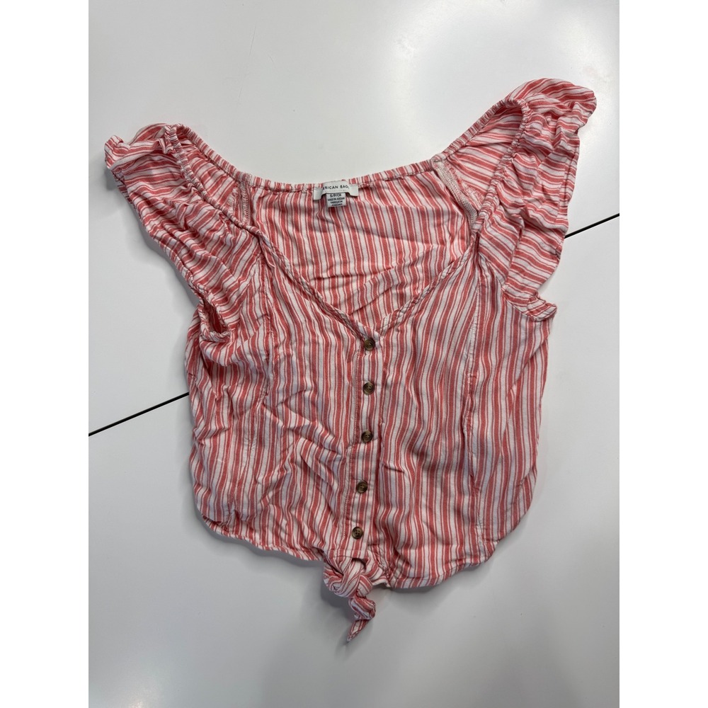 American Eagle Red White Striped Button Front Tie Hem Ruffle Crop Top Small